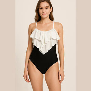 Black & White Ruffle Swimsuit - Women's M - One Piece Flounce